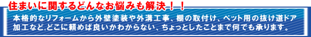 住まいに関するどんなお悩みも解決！！本格的なリフォームから外壁塗装や外溝工事、棚の取付け、ペット用の抜け道ドア加工など、どこに頼めば良いかわからない、ちょっとしたことまで何でも承ります。